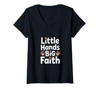 Womens Little Hands Big Faith Christian Kids Nursery V-Neck T-Shirt