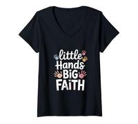 Womens Little Hands Big Faith Christian Kids Theme V-Neck T-Shirt