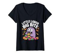 Womens Little Laboo Big Bite Cute Halloween Monster Candy Design V-Neck T-Shirt