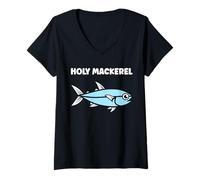 Womens Little Mackerels Cute Fish Quote Simple holy Mackerel V-Neck T-Shirt
