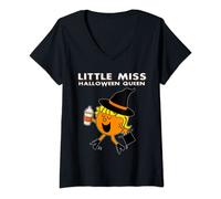 Womens Little Miss Halloween Queen Funny Halloween Witch V-Neck T-Shirt