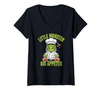 Womens Little Monster Big Appetite Halloween Chef V-Neck T-Shirt
