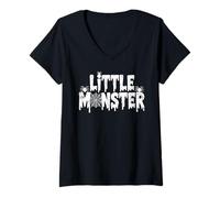 Womens Little Monster Text with Spiders and Web Halloween Spooky V-Neck T-Shirt