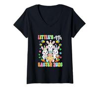 Women's Little's 4th Easter 2026 Birthday Three Cute Bunnies Eggs V-Neck T-Shirt