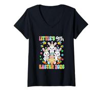Women's Little's 9th Easter 2026 Birthday Three Cute Bunnies Eggs V-Neck T-Shirt