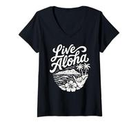 Women's Live Aloha Shaka Surf Wave Hibiscus Hawaii Diamondhead Art V-Neck T-Shirt