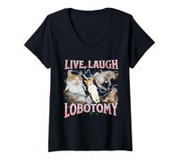 Womens Live Laugh Lobotomy Funny Offensive Cat Meme Bootleg Graphic V-Neck T-Shirt