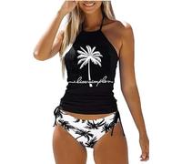 Women's Live Simple Coconut Tree Tankini Set Sexy Halter Neck Backless Swimsuit Drawstring Side Bathing Suit, Black, XL