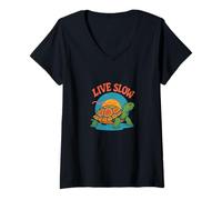 Womens Live Slow Turtle Life Nature Vibes Retro Calm Aesthetic V-Neck T-Shirt
