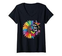 Womens Live Your Truth Rainbow Sunflower Colorful Butterflies Pride V-Neck T-Shirt