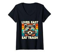 Womens Lives Fast Eat Trash Raccoons Racoon Raccoon Lover V-Neck T-Shirt