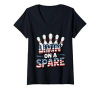 Womens Livin On A Spare Patriotic Bowling Humor Bowler Funny Joke V-Neck T-Shirt