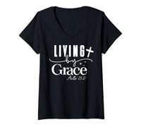 Women's Living by Grace Inspirational Quote Modern Typography V-Neck T-Shirt