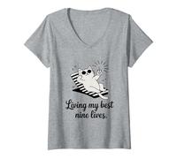 Womens Living My Best Nine Lives Funny Cat Pun V-Neck T-Shirt