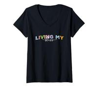 Womens Living My Bliss, Bright Pastel Lettering Inspirational GRAP V-Neck T-Shirt