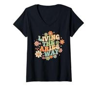 Womens Living The Aries Way Retro Zodiac Horoscope Celestial V-Neck T-Shirt