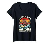 Women's Living The Capy Life Capybara Surfing Retro Sunset V-Neck T-Shirt