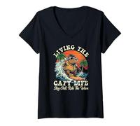 Women's Living The Capy Life Capybara Surfing Retro Sunset V-Neck T-Shirt