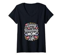 Womens Living The Reading Mom Life Book Lover Reader V-Neck T-Shirt