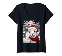 Women's Llama Alpaca Christmas Selfie Moon Night Starry Sky Xmas V-Neck T-Shirt