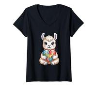 Women's Llama Autism Awareness Puzzle Heart Neurodiversity Support V-Neck T-Shirt