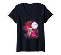 Womens Llama Howling at The Moon Pink Purple V-Neck T-Shirt