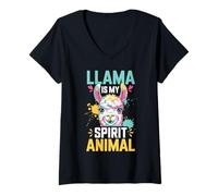 Womens Llama is My Spirit Animal Colorful Artistic Painted Graphic V-Neck T-Shirt