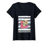 Women's Llama on a Floating Flamingo V-Neck T-Shirt