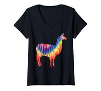 Women's Llama Tie Dye Silhouette Hippie Rainbow Colors Love Llamas V-Neck T-Shirt