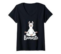 Womens Llamaste Yoga Llama Meditation Pun Mindful Zen V-Neck T-Shirt
