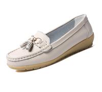 Womens Loafers Soft Leather Casual Walking Penny Flats Boat Moccasins Non-Slip Outdoor Driving Shoes for Ladies Comfortable Office Fashion Classic Lightweight Breathable Shoes Beige