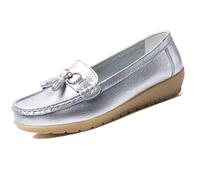 Womens Loafers Soft Leather Casual Walking Penny Flats Boat Moccasins Non-Slip Outdoor Driving Shoes for Ladies Comfortable Office Fashion Classic Lightweight Breathable Shoes(Silvery,6 UK)