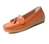 Womens Loafers Soft Leather Casual Walking Penny Flats Boat Moccasins Non-Slip Outdoor Driving Shoes for Ladies Comfortable Office Fashion Classic Lightweight Breathable Shoes Orange
