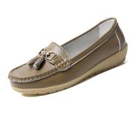 Womens Loafers Soft Leather Casual Walking Penny Flats Boat Moccasins Non-Slip Outdoor Driving Shoes for Ladies Comfortable Office Fashion Classic Lightweight Breathable Shoes Khaki