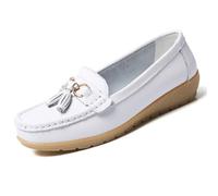 Womens Loafers Soft Leather Casual Walking Penny Flats Boat Moccasins Non-Slip Outdoor Driving Shoes for Ladies Comfortable Office Fashion Classic Lightweight Breathable Shoes White