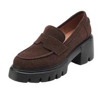 Women's Loafers Women's Suede Leather Chunky Heel Platform Flats Loafers Round Toe Casual Female Winter Warm Plush Moccasins Shoes(Brown,5)