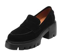 Women's Loafers Women's Suede Leather Chunky Heel Platform Flats Loafers Round Toe Casual Female Winter Warm Plush Moccasins Shoes(Black,3)