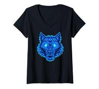 Women's Lobo Wolf Sugar Skull Dia De Muertos V-Neck T-Shirt