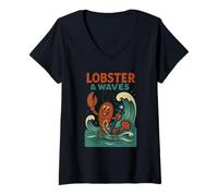 Womens Lobster and Waves Shirt Cute Cartoon Ocean Maine Fun V-Neck T-Shirt