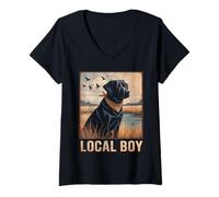 Womens Local Boy Black Lab Hunting Dog Marsh Scene Sunset Vintage V-Neck T-Shirt