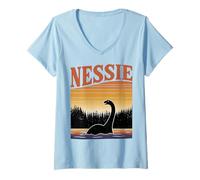 Women's Loch Ness Monster Nessie Retro Sunset Lake V-Neck T-Shirt