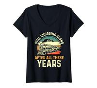 Women's Locomotive Train Still Chugging Along After All These Years V-Neck T-Shirt