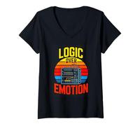 Women's Logic Over Emotion Retro Programmer Circuit V-Neck T-Shirt