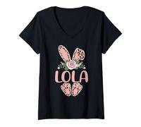 Women's LOLA Cute Leopard Bunny Ears Floral Easter V-Neck T-Shirt