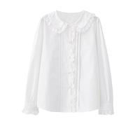 Women's Lolita Long Sleeve Blouses Sweet Lace Peter Pan Collar Button Down Blouse Solid Vintage Shirt Tops (UK, Alpha, L, Regular, Regular, White)