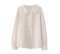 Women's Lolita Long Sleeve Blouses Sweet Lace Peter Pan Collar Button Down Blouse Solid Vintage Shirt Tops (UK, Alpha, L, Regular, Regular, Beige)