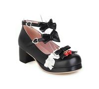 Women's Lolita Shoes Girls Kawaii Mary Jane Platform Pumps Strawberry Bow Block High Heels Princess Japanese Cosplay Wedding Party Shoes, black, 6 UK