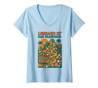 Womens Lombard Street San Francisco Cable Car Cute Floral Vintage V-Neck T-Shirt