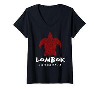 Women's Lombok Indonesia Tribal Sea Turtle Island Beach Design V-Neck T-Shirt