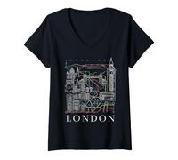 Women's London City Map with Line Net & Architecture Sketch V-Neck T-Shirt